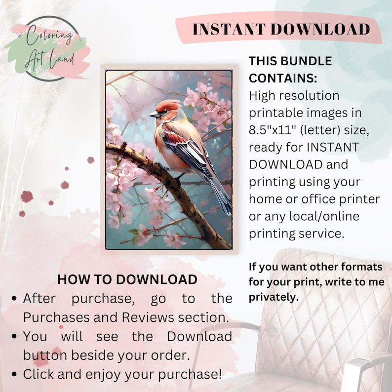 May include: Printable coloring page featuring a red and black bird perched on a branch with pink blossoms. The image is 8.5 inches by 11 inches and is ready for instant download.