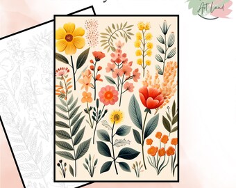 Wildflower herbarium schilderij, schilderen op nummer, bloemen kleurplaten, kleuren op nummer, volwassenen kleurplaten, huis muurdecoratie