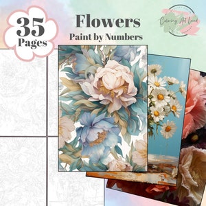 35 Floral Paint By Numbers, Flower Coloring Pages, Adults Coloring Pages, Kids Coloring Sheets, Color By Number
