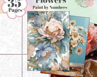 35 Floral Paint By Numbers, Flower Coloring Pages, Adults Coloring Pages, Kids Coloring Sheets, Color By Number