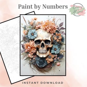 May include: A paint by numbers design featuring a white skull with a floral wreath of peach, pink, and blue flowers. The design is titled "Paint by Numbers" and includes the text "Coloring Art Land".