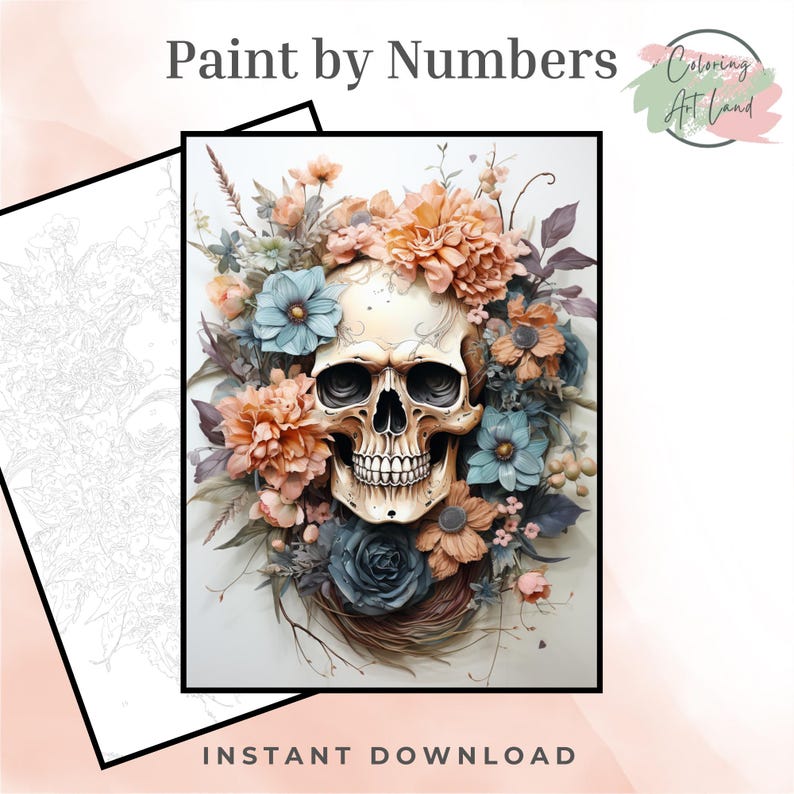 May include: A paint by numbers design featuring a white skull with a floral wreath of peach, pink, and blue flowers. The design is titled "Paint by Numbers" and includes the text "Coloring Art Land".