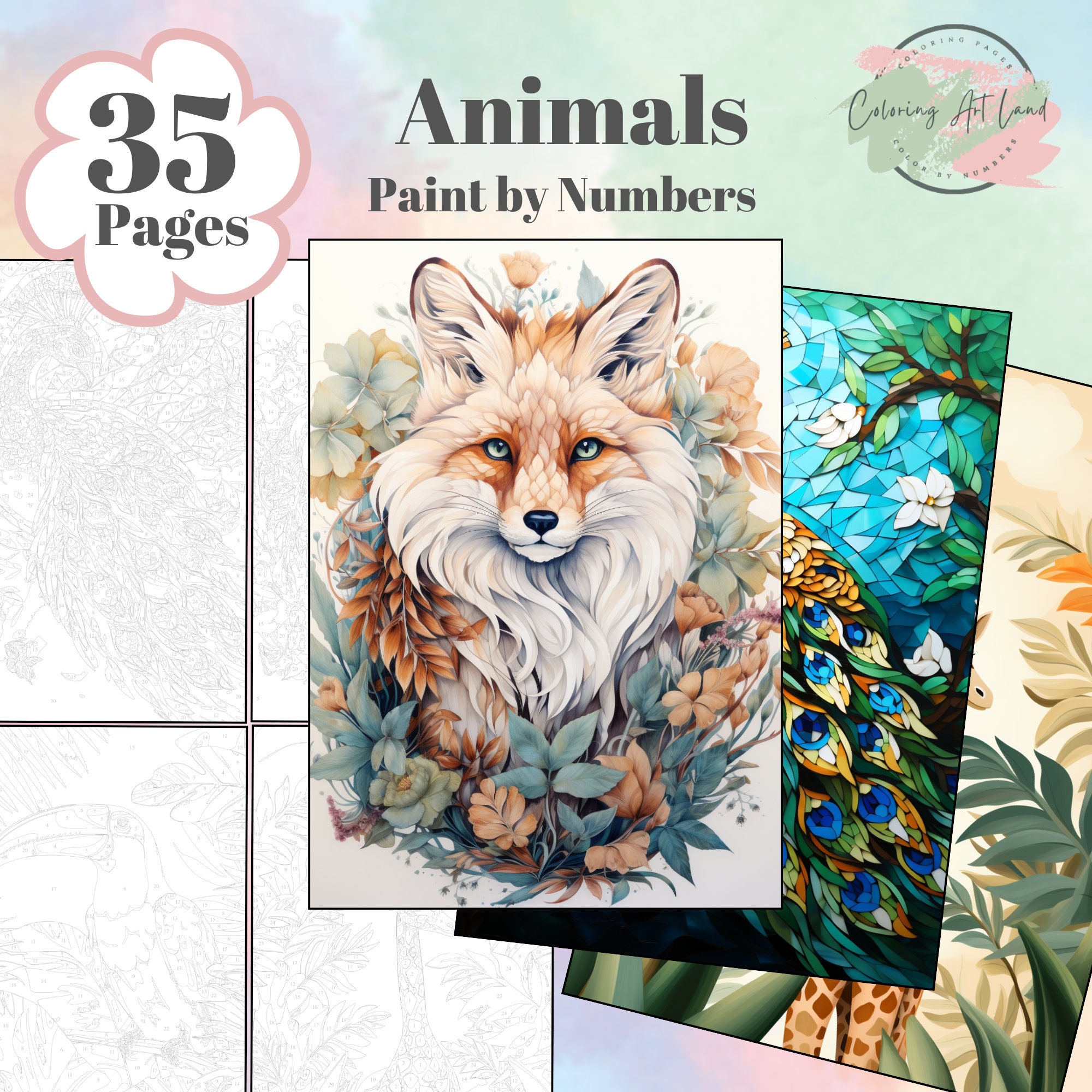 35 Animals Paint by Numbers, Animal Coloring Pages, Adults Coloring