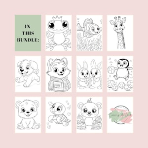 K&ouml;nnte beinhalten: Ein Set mit neun Schwarzwei&szlig;-Malvorlagen mit verschiedenen Tieren, darunter ein Frosch, ein Fisch, eine Giraffe, ein Welpe, ein Fuchs, Hasen, ein Pinguin, eine Schildkr&ouml;te und ein B&auml;r. Die Seiten sind mit "In This Bundle:" und "Coloring Art Land" betitelt.