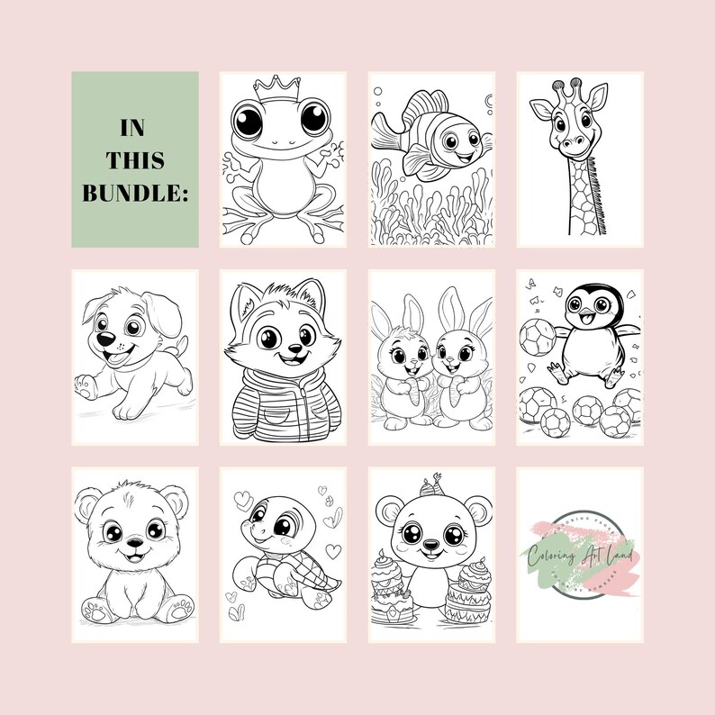K&ouml;nnte beinhalten: Ein Set mit neun Schwarzwei&szlig;-Malvorlagen mit verschiedenen Tieren, darunter ein Frosch, ein Fisch, eine Giraffe, ein Welpe, ein Fuchs, Hasen, ein Pinguin, eine Schildkr&ouml;te und ein B&auml;r. Die Seiten sind mit "In This Bundle:" und "Coloring Art Land" betitelt.