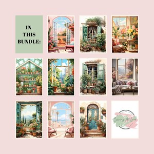 May include: A set of nine printable coloring pages featuring various scenes with windows, doors, and plants. The pages are titled "In This Bundle: Coloring Art Land".
