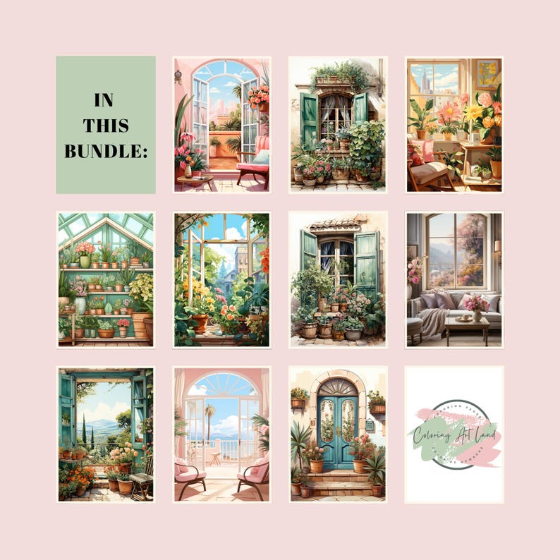 May include: A set of nine printable coloring pages featuring various scenes with windows, doors, and plants. The pages are titled "In This Bundle: Coloring Art Land".