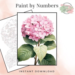Op de afbeelding: Een printbare kleurplaat met nummers om te kleuren, met een roze hortensia met groene bladeren. De afbeelding bevat de tekst "Paint by Numbers" en "Coloring Art Land".