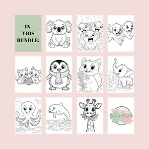 K&ouml;nnte beinhalten: Ein Set mit 10 Schwarzwei&szlig;-Malvorlagen mit verschiedenen Tieren, darunter ein Koala, ein Pinguin, eine Katze, ein Elefant, ein Oktopus, ein Delfin und eine Giraffe. Der Text "In This Bundle" befindet sich oben auf der Seite.