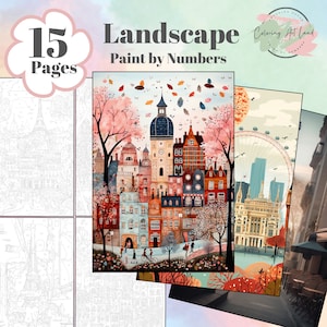 Puede incluir: Un conjunto de 15 páginas para pintar por números con ilustraciones coloridas de monumentos de Londres, incluyendo un paisaje urbano con una torre del reloj y una noria. Las páginas se titulan "Paisaje Pintar por Números".
