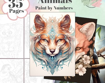 35 Cute Animal Paint By Numbers Coloring Pages, Adults Coloring Pages, Kids Coloring Sheets