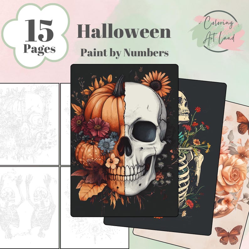 15 Halloween Images Paint By Numbers, Halloween Coloring Pages, Color By Numbers, Adults Coloring Pages, Home Wall Decor image 1