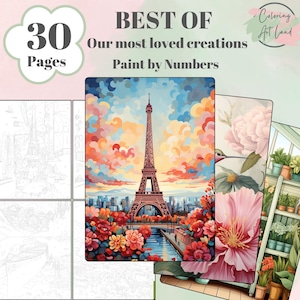 Può includere: Un libro di pittura numerica con una copertina raffigurante la Torre Eiffel, fiori e una serra. Il testo recita "BEST OF Le nostre creazioni più amate Paint by Numbers" e "30 Pagine". Le illustrazioni sono vivaci e dettagliate.