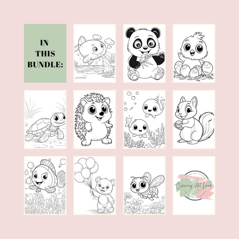 K&ouml;nnte beinhalten: Ein Set mit 10 Schwarzwei&szlig;-Malvorlagen mit niedlichen Tieren, darunter eine Schildkr&ouml;te, ein Igel, ein Panda, ein Fisch, eine Biene, ein Eichh&ouml;rnchen und mehr. Die Seiten sind perfekt f&uuml;r Kinder, die gerne malen und eignen sich hervorragend zur Entwicklung der Feinmotorik.