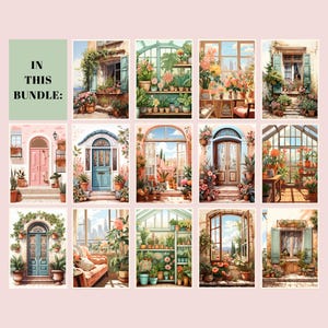 May include: A set of 12 digital illustrations featuring various windows and doors with floral accents. Each image depicts a different scene, including a greenhouse, a city view, and a garden.