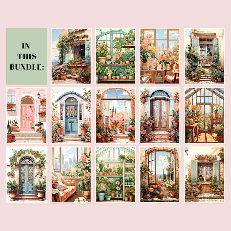 May include: A set of 12 digital illustrations featuring various windows and doors with floral accents. Each image depicts a different scene, including a greenhouse, a city view, and a garden.