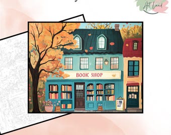 May include: A paint by numbers illustration of a book shop with a blue facade and a sign that reads "Book Shop". The shop is surrounded by fall foliage and a tree with orange leaves. The image is titled "Paint by Numbers" and has a logo for "Coloring Art Land".