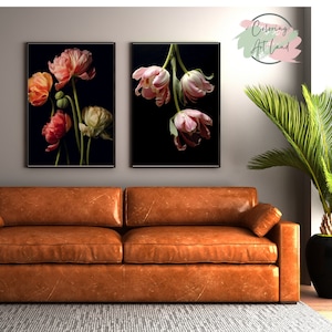 May include: Two framed prints of pink and white tulips on a black background. The prints are hanging on a wall above a brown leather couch.