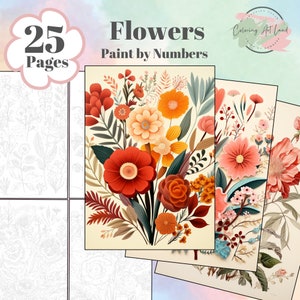 Könnte beinhalten: Ein Set mit 25 Malvorlagen mit Blumenillustrationen. Die Seiten sind mit "Flowers Paint by Numbers" betitelt.