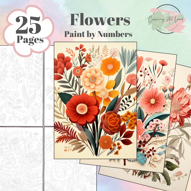 May include: A set of 25 coloring pages featuring floral illustrations. The pages are titled "Flowers Paint by Numbers".