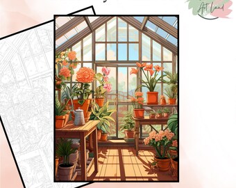 May include: A paint by numbers image of a greenhouse filled with plants. The greenhouse has a glass roof and walls, and the plants are in pots on shelves and tables. The image is in a digital format and is ready for instant download.