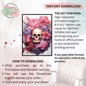 May include: Printable digital download of a skull surrounded by pink and purple flowers. The image is 8.5 inches by 11 inches and is ready for instant download.