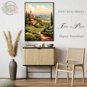 May include: A digital download paint by numbers image of a picturesque Italian countryside scene with rolling hills, vineyards, and a charming village. The text "PAINT BY NUMBERS | Time to Paint | Digital Download" is displayed on the right side of the image.