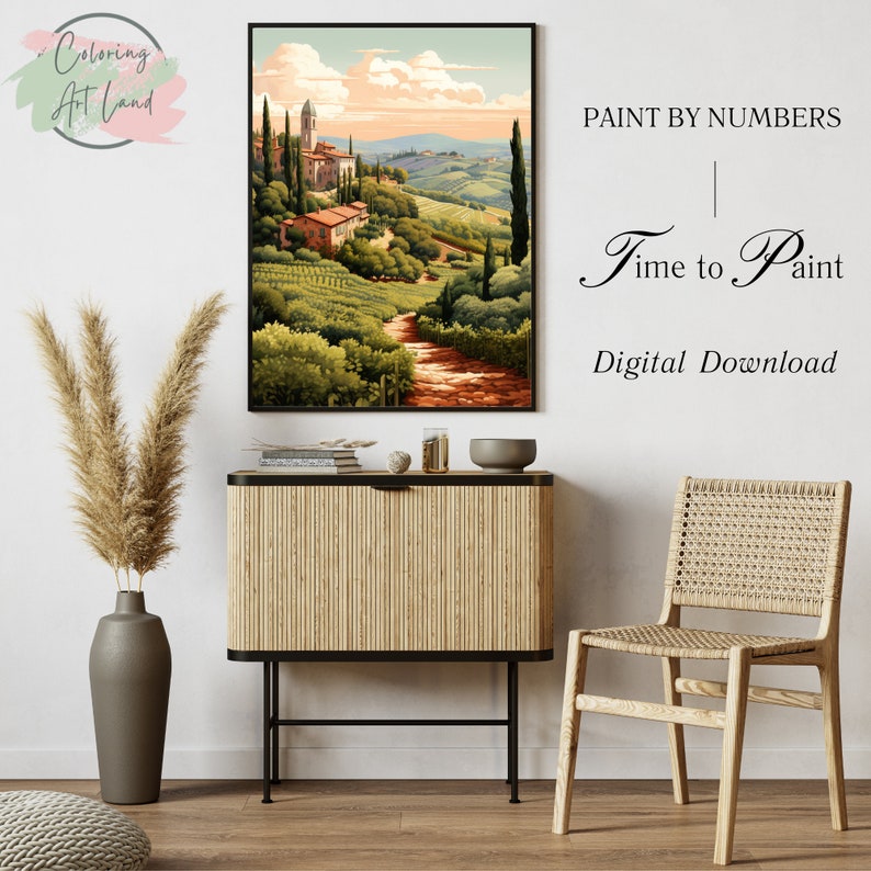 May include: A digital download paint by numbers image of a picturesque Italian countryside scene with rolling hills, vineyards, and a charming village. The text "PAINT BY NUMBERS | Time to Paint | Digital Download" is displayed on the right side of the image.