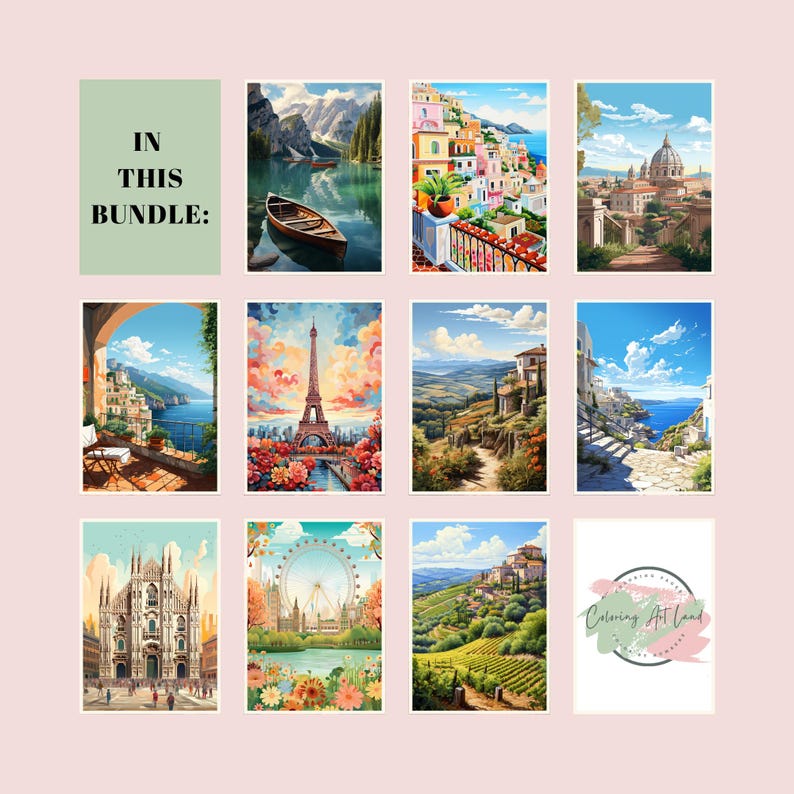 May include: A collage of ten different paint by numbers images featuring various European landmarks and landscapes. The images include the Eiffel Tower, the Duomo in Milan, a lake with mountains in the background, a cityscape with colorful buildings, a bridge with a church in the background, a winding path through a forest, a view of the ocean from a cliff, a Ferris wheel with a river and flowers in the foreground, a vineyard with a village in the background, and a cityscape with a river in the foreground.
