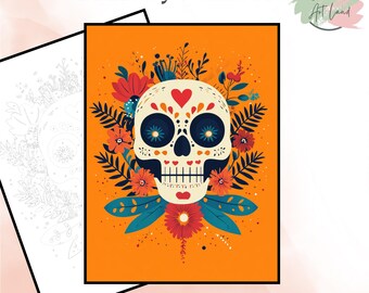 May include: A vibrant paint-by-numbers design featuring a sugar skull with floral accents. The skull is white with intricate details, a red heart, and dark blue eye sockets. The background is orange, with the text "Paint by Numbers" and "Instant Download".