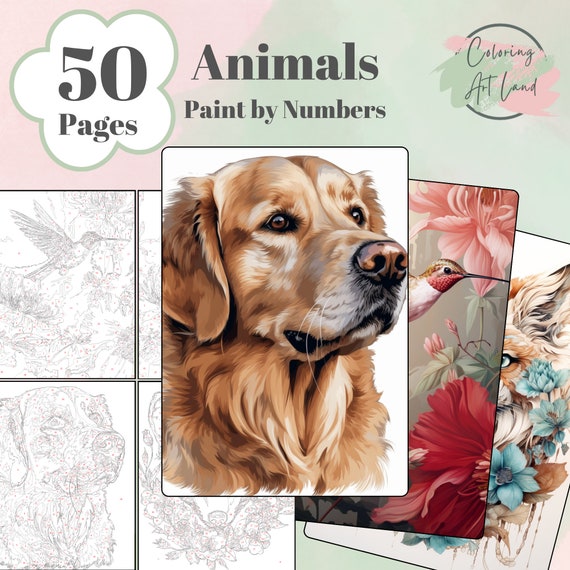 50 Animals Paint By Numbers Coloring Pages, Adults Coloring Pages, Cute Kids Coloring Sheets