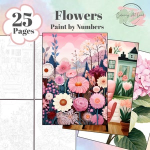 Può includere: Un set di 25 pagine da colorare con un tema floreale. Le pagine sono intitolate "Flowers Paint by Numbers". L'immagine mostra una varietà di fiori in tonalità rosa, bianche e viola.