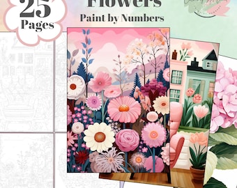25 bloemenverf op nummer, bloemkleurplaten, kleurplaten voor volwassenen, kleurplaten voor kinderen, bloemen kleur op nummer