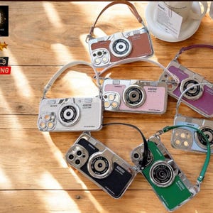 Étui pour téléphone avec appareil photo rétro | bandoulière en cuir de luxe | Dragonne et lanière en chaîne | Housse élégante | Accessoire fonctionnel vintage