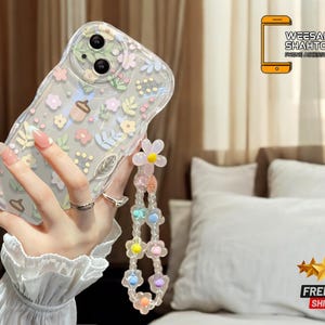 Housse de téléphone florale | Style lanière en chaîne transparente | Design élégant de bracelet avec dragonne | Accessoire de protection élégant et chic