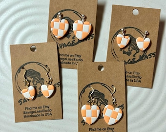 TN Volunteers Checkerboard Heart Dangle Earrings | Silver or Gold