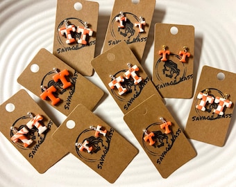 Tennessee Vols / Power T / Joyería para el día del partido de los Volunteers / Joyería naranja y blanca / Universidad de Tennessee / Hecha a mano / Patrón de tablero de ajedrez