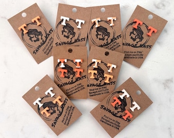 Tacos Tennessee Vols Power T (par individual o combinables) de 1/2 pulgada con poste/respaldo de acero inoxidable. ¡Ultraligeros!