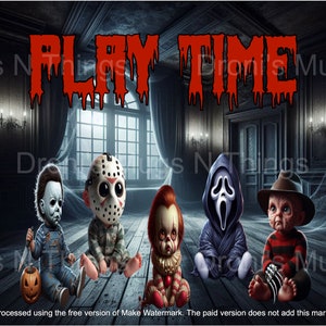 May include: Playtime themed Halloween decor featuring five baby characters dressed as iconic horror movie villains. The characters are Jason Voorhees, Freddy Krueger, Michael Myers, Ghostface, and Pennywise. The background is a dark, spooky room with cobwebs and a window.