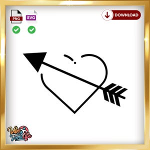 Pijl door hart SVG & PNG - liefdessymbool clipart, Valentijnsdag gesneden bestand, Cupido&#39;s pijl ontwerp, minimalistische vectorafbeelding
