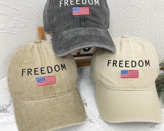 Embroidered FREEDOM Baseball Cap | Custom Patriotic Hat | Vintage USA Flag Embroidery | Trending American Pride Gift