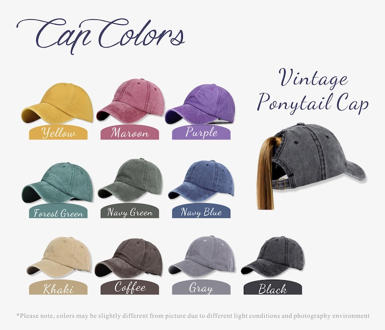 May include: A display of vintage ponytail caps in various colors, including yellow, maroon, purple, forest green, navy green, navy blue, khaki, coffee, gray, and black. The text "Cap Colors" and "Vintage Ponytail Cap" are visible.