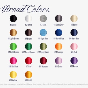 Peut inclure: Un tableau pr&eacute;sentant 22 couleurs de fils diff&eacute;rentes avec leurs num&eacute;ros correspondants. Les couleurs comprennent le noir, le blanc, le gris, le beige, le brun clair, le brun, le bleu clair, le bleu royal, le bleu marine, le vert clair, le vert for&ecirc;t, le vert marine, l'orange, le rose, le rose vif, le rouge, le marron, l'oignon, le violet, le jaune et l'or.