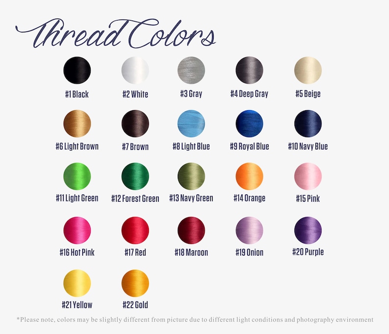 Peut inclure: Un tableau pr&eacute;sentant 22 couleurs de fils diff&eacute;rentes avec leurs num&eacute;ros correspondants. Les couleurs comprennent le noir, le blanc, le gris, le beige, le brun clair, le brun, le bleu clair, le bleu royal, le bleu marine, le vert clair, le vert for&ecirc;t, le vert marine, l'orange, le rose, le rose vif, le rouge, le marron, l'oignon, le violet, le jaune et l'or.