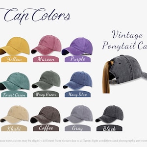 Peut inclure: Dix casquettes vintage &agrave; queue de cheval dans diff&eacute;rentes couleurs, dont jaune, marron, violet, vert for&ecirc;t, vert marine, bleu marine, kaki, caf&eacute;, gris et noir. Les casquettes sont faites d'un mat&eacute;riau doux et confortable et comportent un trou pour la queue de cheval &agrave; l'arri&egrave;re.