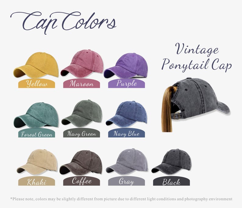 Peut inclure: Dix casquettes vintage &agrave; queue de cheval dans diff&eacute;rentes couleurs, dont jaune, marron, violet, vert for&ecirc;t, vert marine, bleu marine, kaki, caf&eacute;, gris et noir. Les casquettes sont faites d'un mat&eacute;riau doux et confortable et comportent un trou pour la queue de cheval &agrave; l'arri&egrave;re.