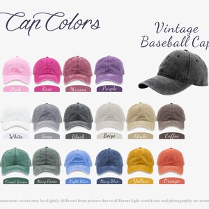 Peut inclure: Un tableau pr&eacute;sentant 18 couleurs diff&eacute;rentes de casquettes de baseball vintage. Les couleurs incluent le rose, le rose, le marron, le violet, le blanc, le gris, le noir, le beige, le kaki, le caf&eacute;, le vert for&ecirc;t, le vert marine, le bleu clair, le bleu marine, le jaune et l'orange.