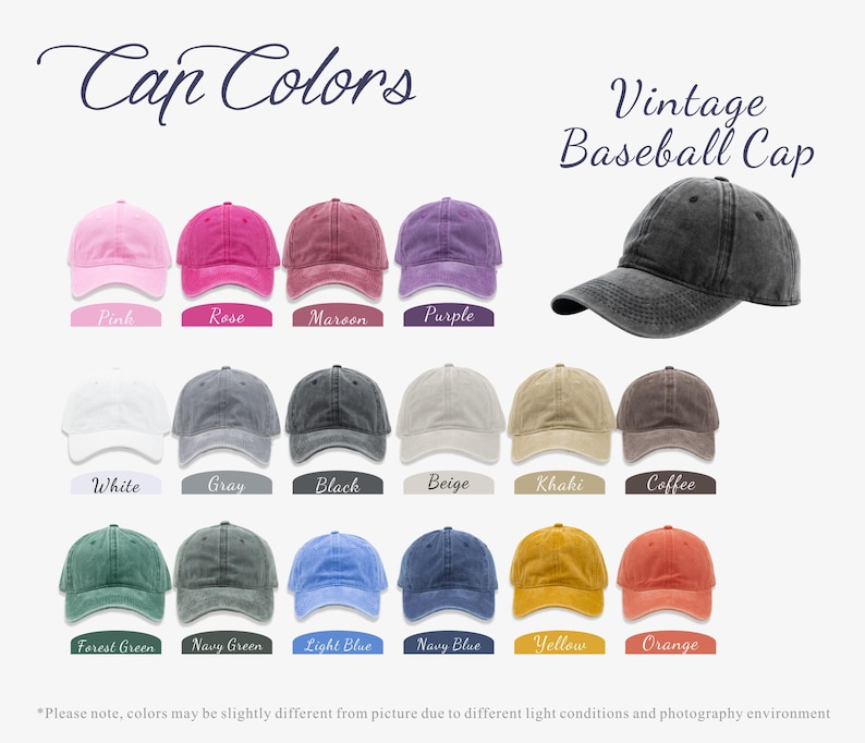 Peut inclure: Un tableau pr&eacute;sentant 18 couleurs diff&eacute;rentes de casquettes de baseball vintage. Les couleurs incluent le rose, le rose, le marron, le violet, le blanc, le gris, le noir, le beige, le kaki, le caf&eacute;, le vert for&ecirc;t, le vert marine, le bleu clair, le bleu marine, le jaune et l'orange.