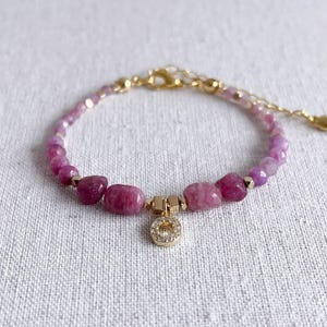Custom Initial Birthstone Pink Tourmaline Bracelet: 14K Gold Filled, Personalized Alphabet Charm