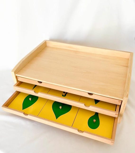 Montessori Botanical Cabinet | Wooden Tray with 3 Drawers and 18 Leaf Shapes | Sensory Learning Material